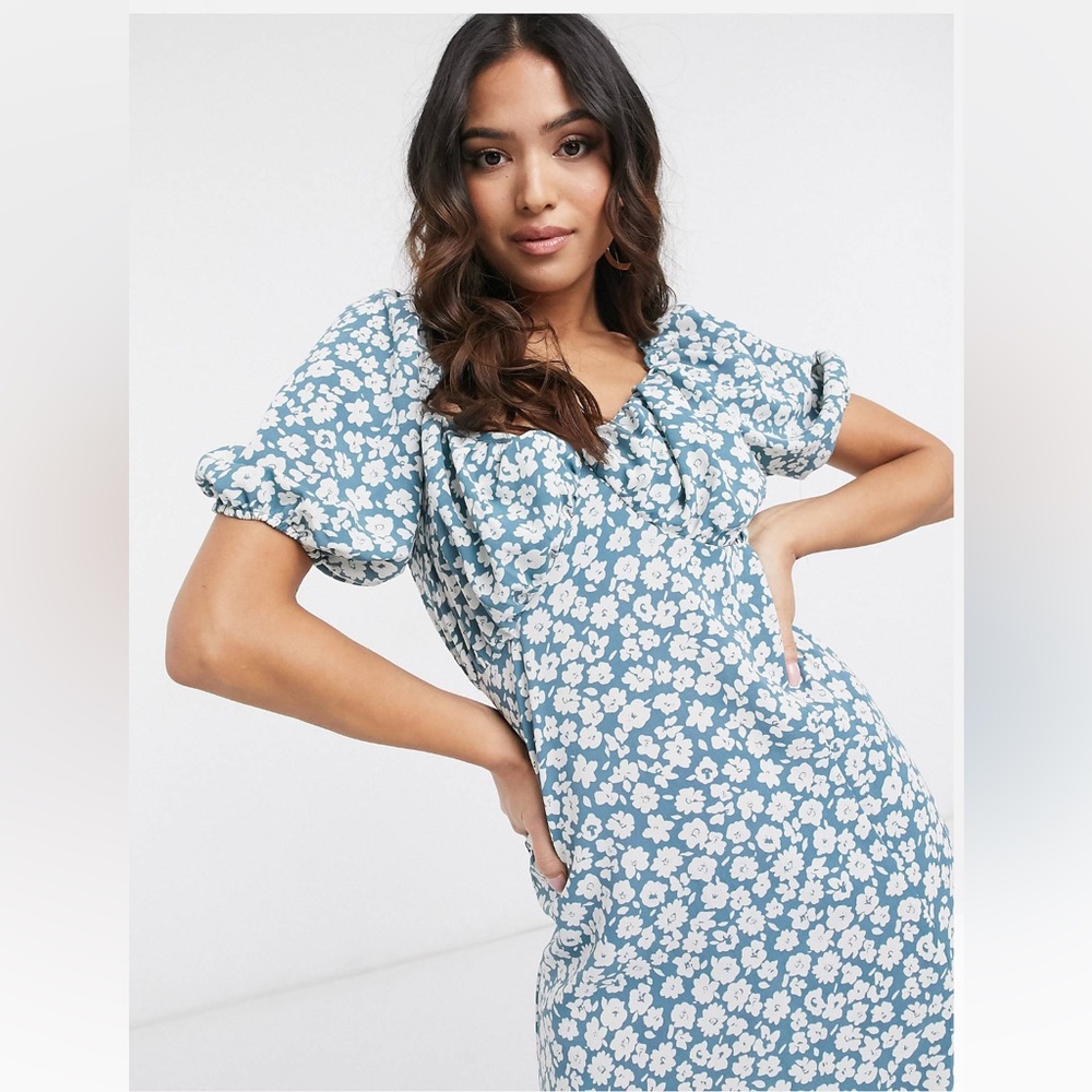 Missguided blue floral milkmaid midi dress